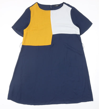 SHEIN Womens Blue Colourblock Polyester Shift Size L Boat Neck Button