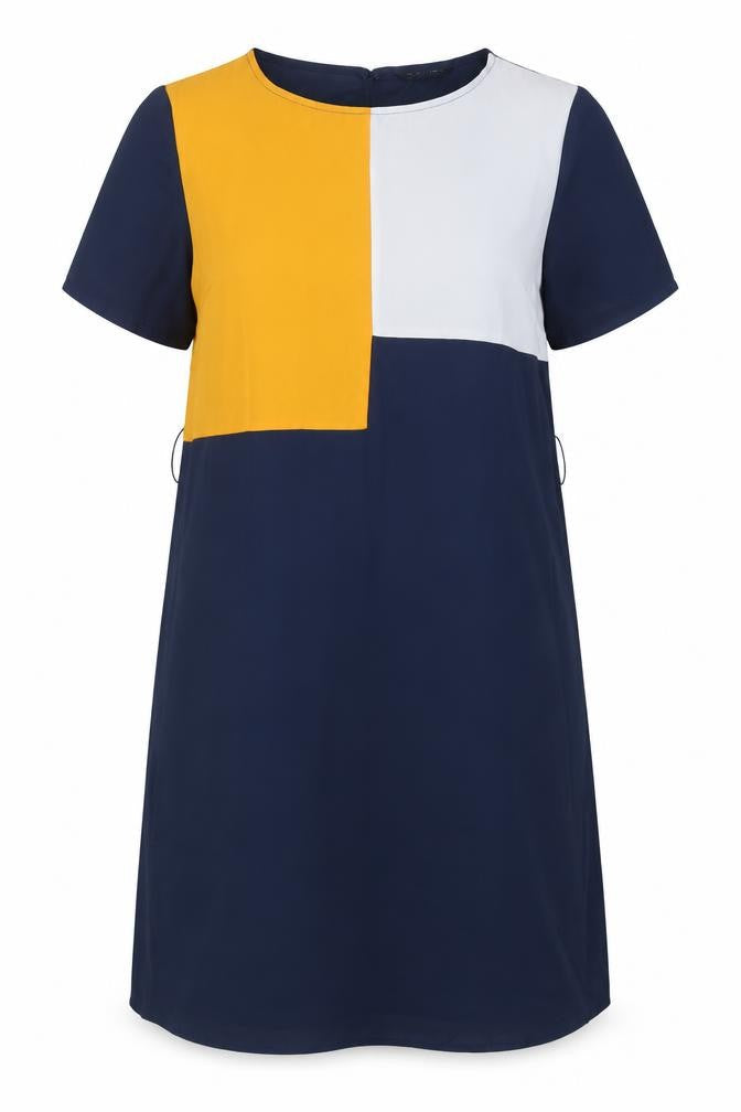 SheIn Womens Blue Colourblock Polyester Shift Size L Boat Neck Button