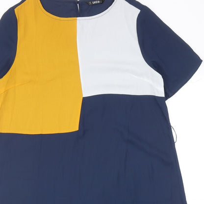 SHEIN Womens Blue Colourblock Polyester Shift Size L Boat Neck Button