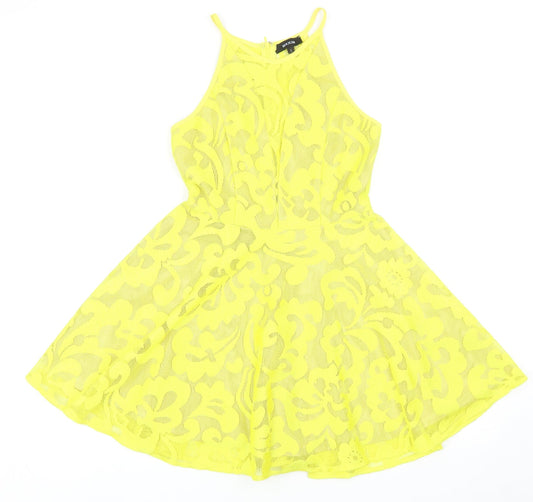 Maxim Womens Yellow Cotton Skater Dress Size S Round Neck Zip