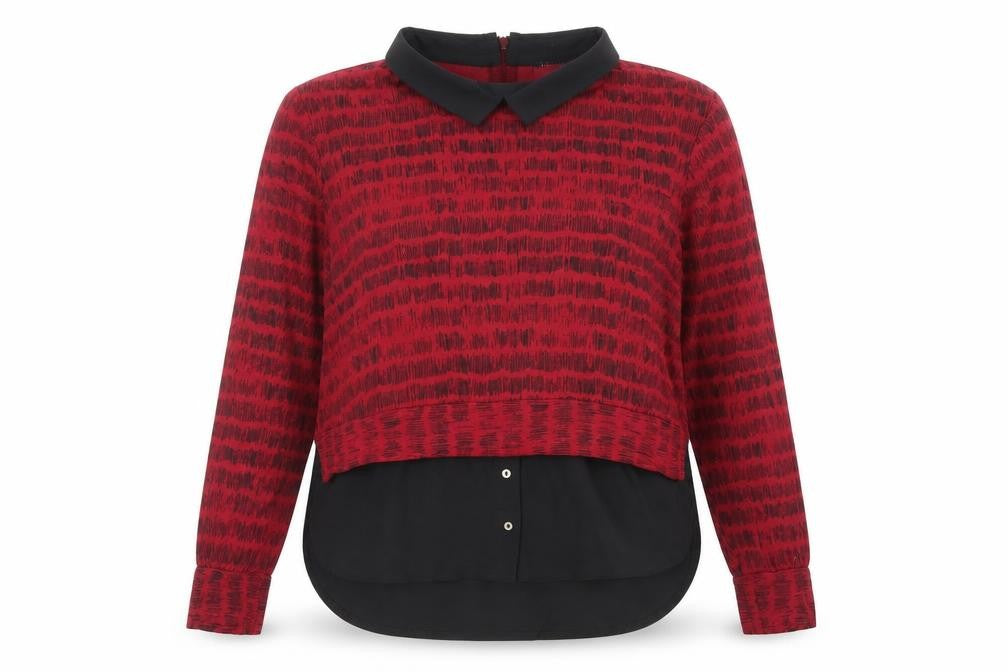Elle Studio Womens Red Geometric Viscose Basic Blouse Size L Collared