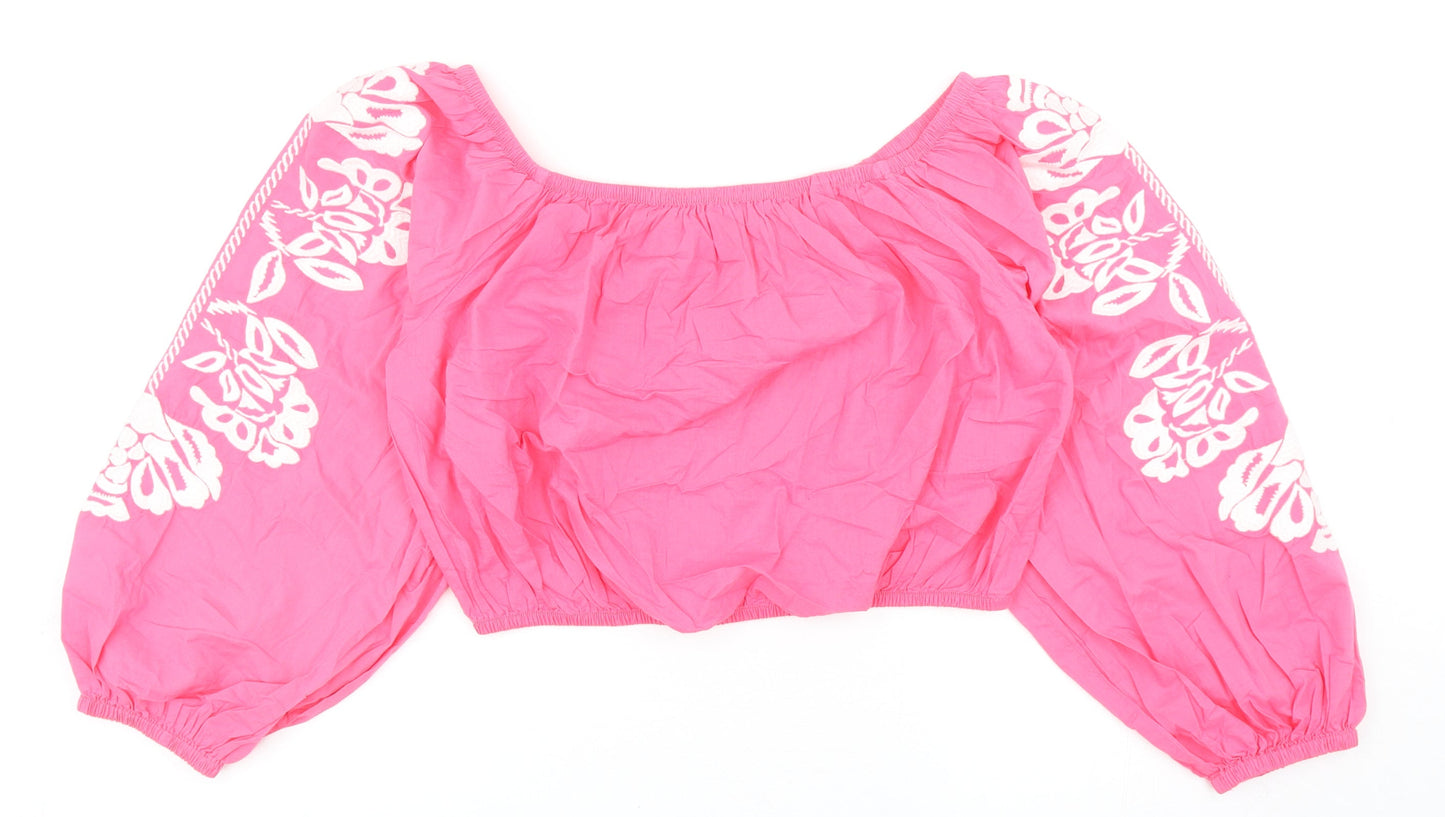 Marks and Spencer Womens Pink Cotton Cropped Blouse Size 14 Boat Neck - Flower Detail