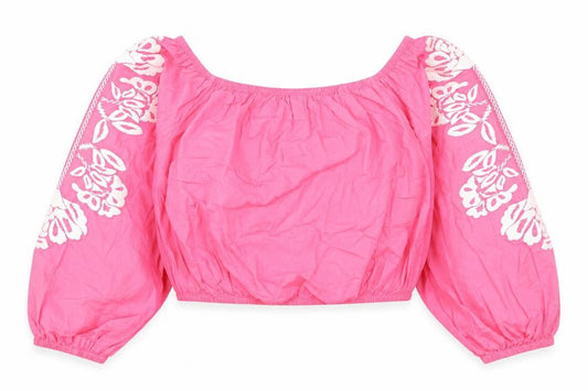 Marks and Spencer Womens Pink Cotton Cropped Blouse Size 14 Boat Neck - Flower Detail