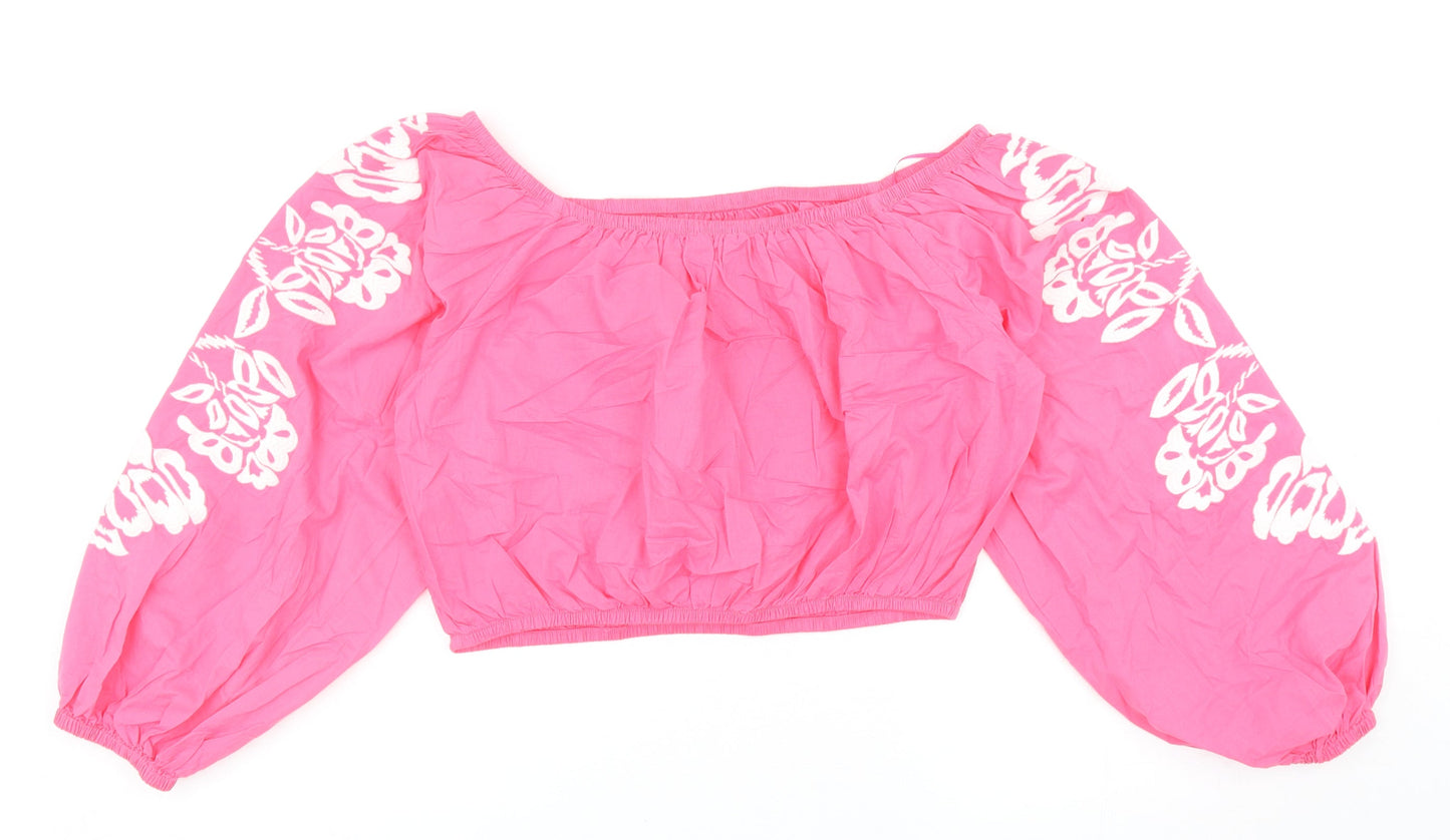 Marks and Spencer Womens Pink Cotton Cropped Blouse Size 14 Boat Neck - Flower Detail