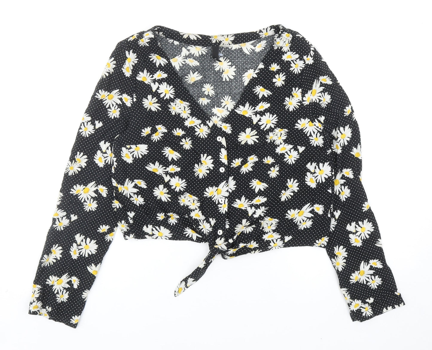 H&M Womens Black Floral Viscose Cropped Button-Up Size 10 V-Neck - Knot Front