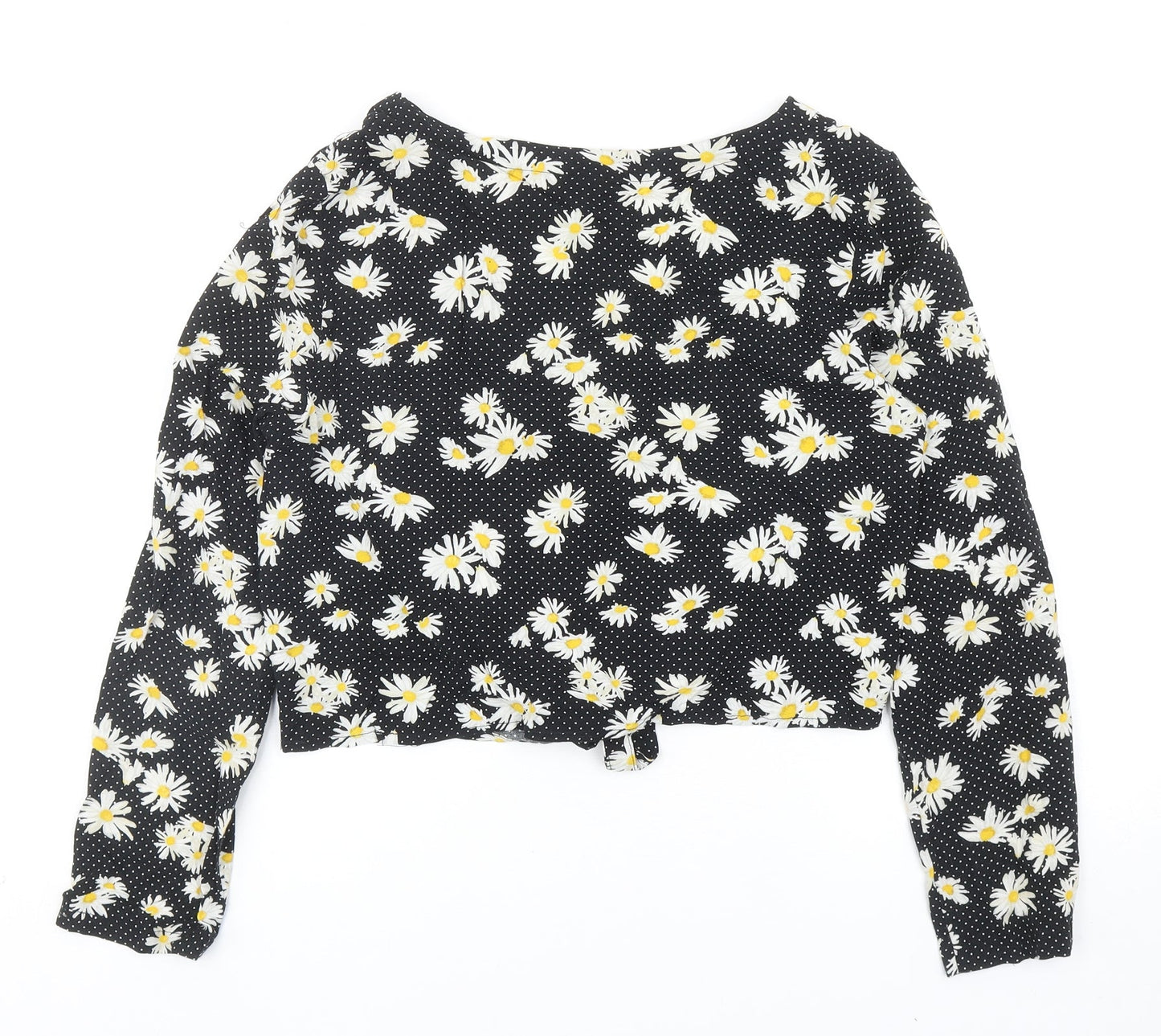 H&M Womens Black Floral Viscose Cropped Button-Up Size 10 V-Neck - Knot Front