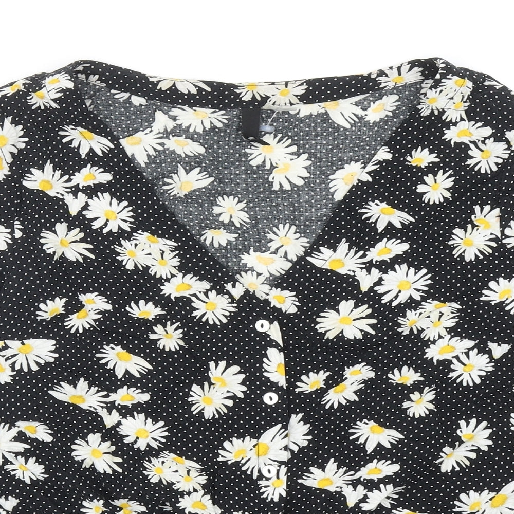 H&M Womens Black Floral Viscose Cropped Button-Up Size 10 V-Neck - Knot Front
