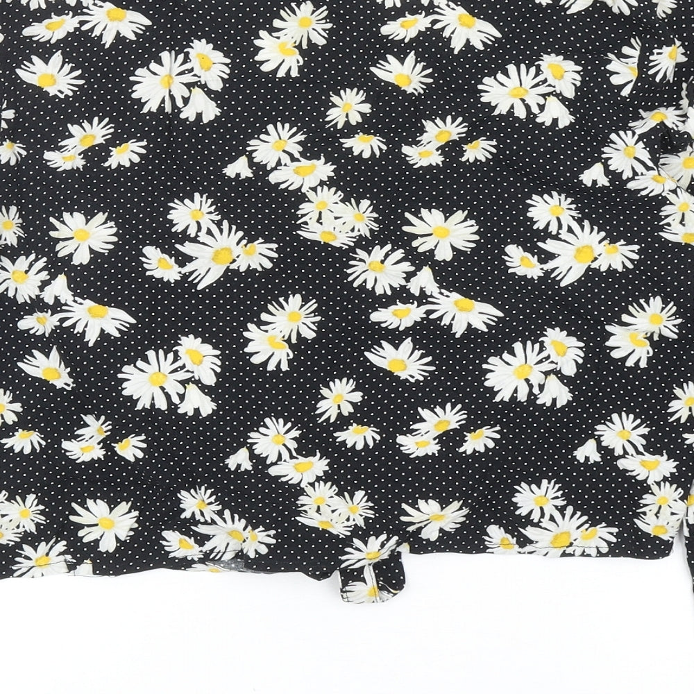 H&M Womens Black Floral Viscose Cropped Button-Up Size 10 V-Neck - Knot Front