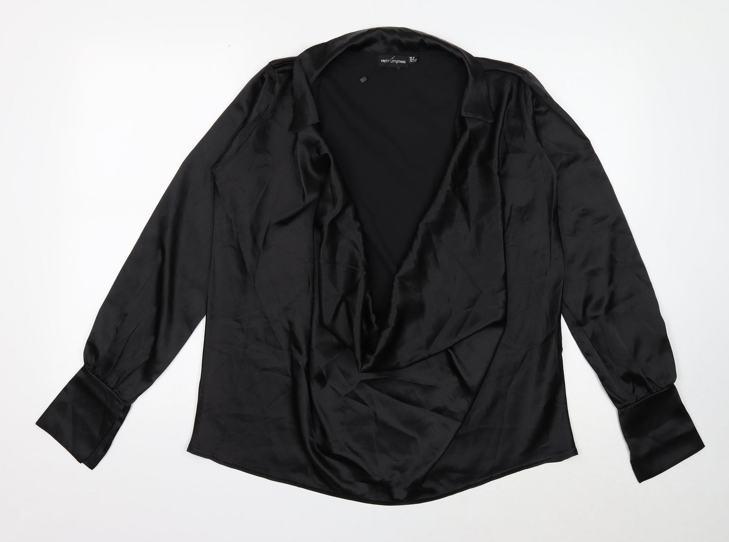 PRETTYLITTLETHING Womens Black Polyester Basic Blouse Size 8 Collared - Plunging Cowl