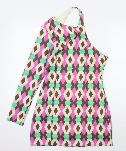Zara Womens Multicoloured Geometric Polyester A-Line Size M One Shoulder Button