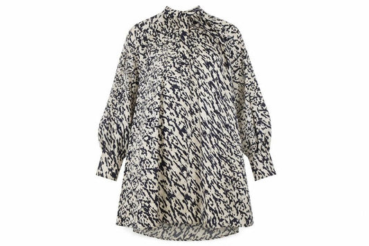 H&M Womens Beige Geometric Polyester Trapeze & Swing Size M Mock Neck Button