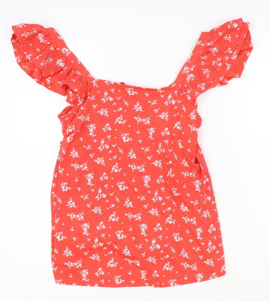 Marks and Spencer Womens Red Floral Cotton Basic Tank Size 8 Square Neck