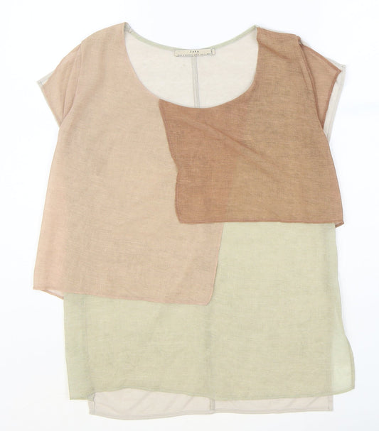 Zara Womens Brown Polyester Basic T-Shirt Size S Scoop Neck