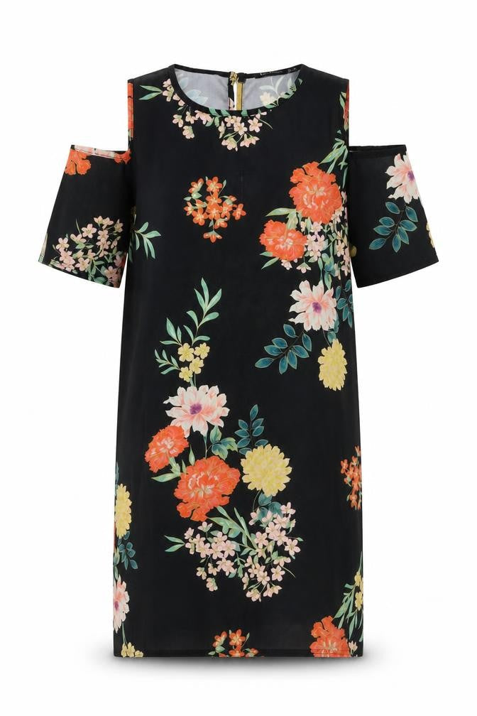 Boohoo Womens Black Floral Polyester T-Shirt Dress Size 8 Round Neck Button - Cold Shoulder