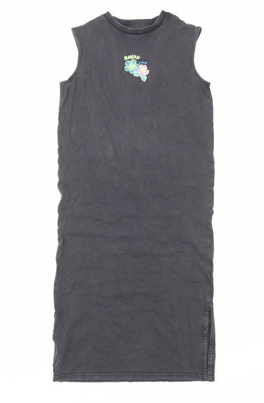 Marks and Spencer Girls Grey Cotton Tank Dress Size 7-8 Years Round Neck Pullover