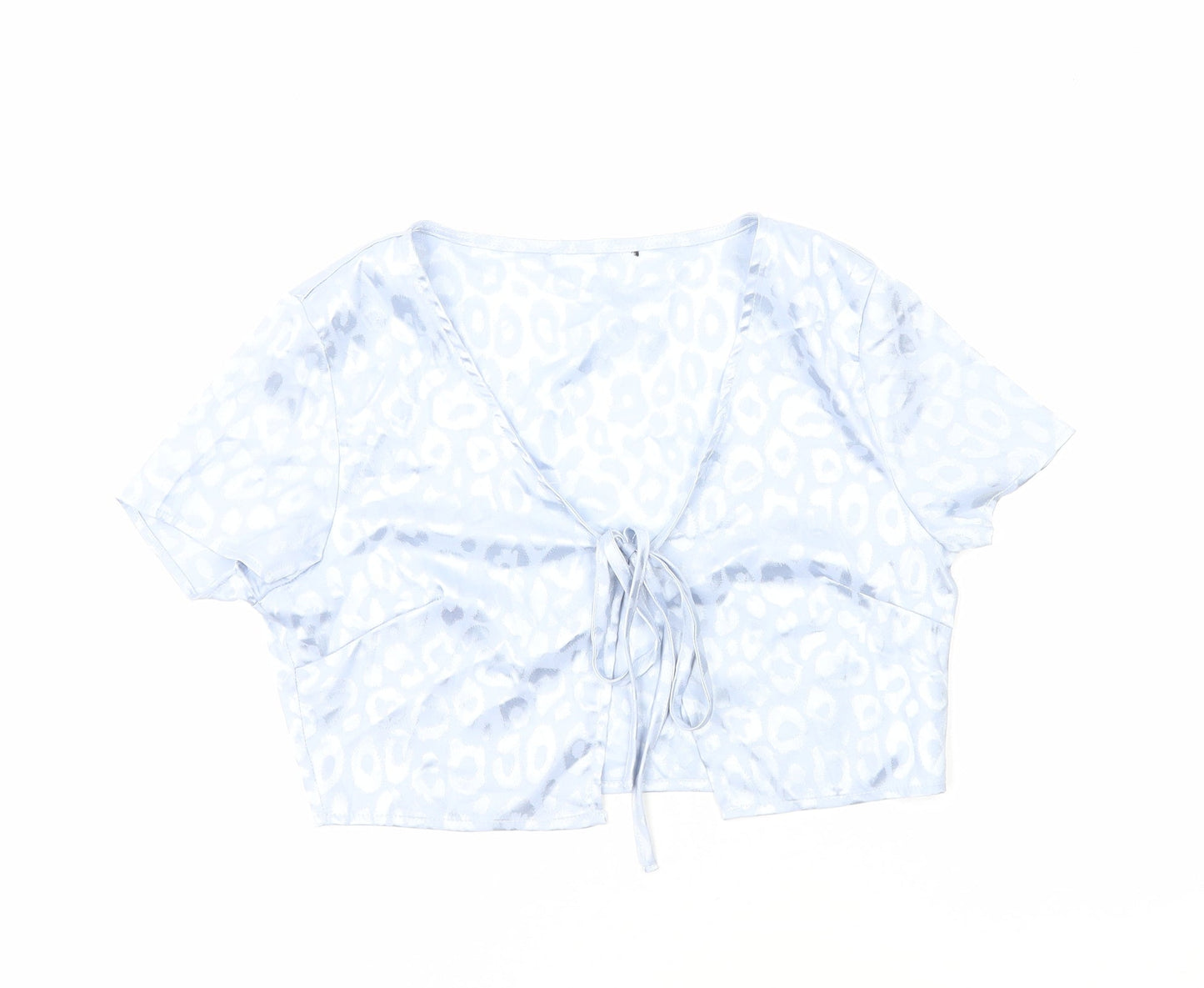 Preworn Womens Blue Animal Print Polyester Cropped Blouse Size S V-Neck - Leopard Print Tie Front