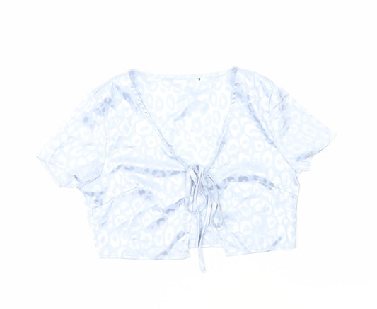 Preworn Womens Blue Animal Print Polyester Cropped Blouse Size S V-Neck - Leopard Print Tie Front