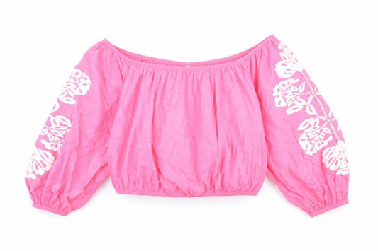 Marks and Spencer Womens Pink Geometric Cotton Cropped Blouse Size 20 Off the Shoulder - Flower detail on sleeves