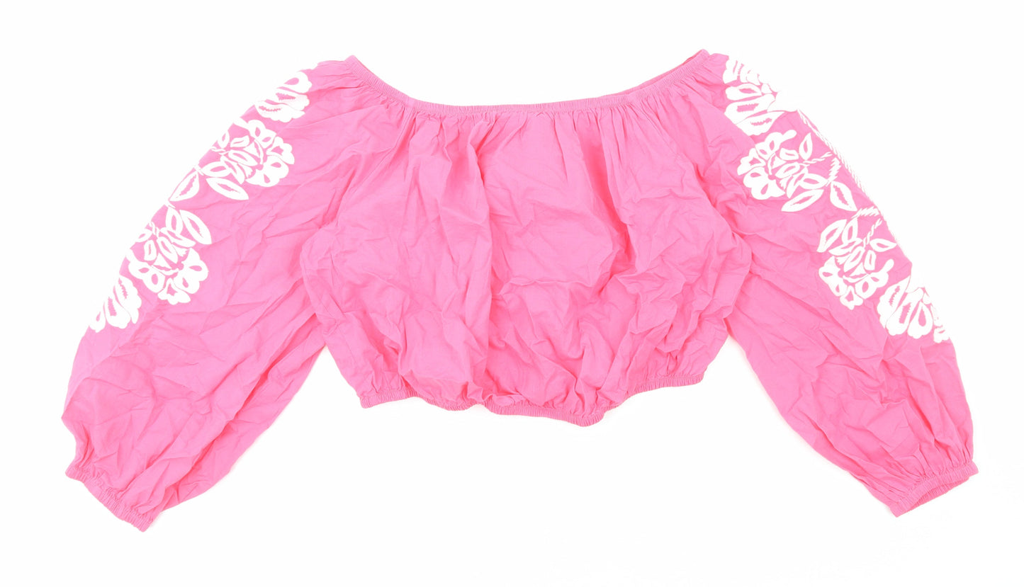 Marks and Spencer Womens Pink Cotton Cropped Blouse Size 18 Boat Neck - Flower Detail
