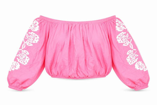 Marks and Spencer Womens Pink Cotton Cropped Blouse Size 18 Boat Neck - Flower Detail