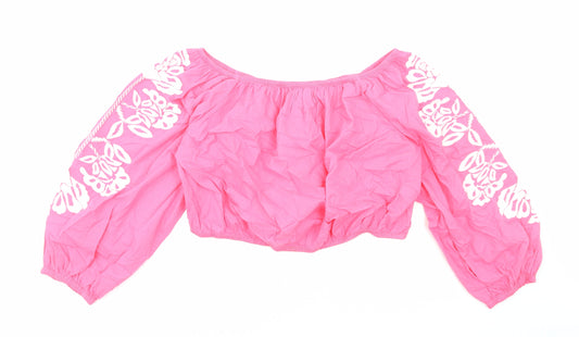 Marks and Spencer Womens Pink Cotton Cropped Blouse Size 20 Boat Neck - Flower Detail