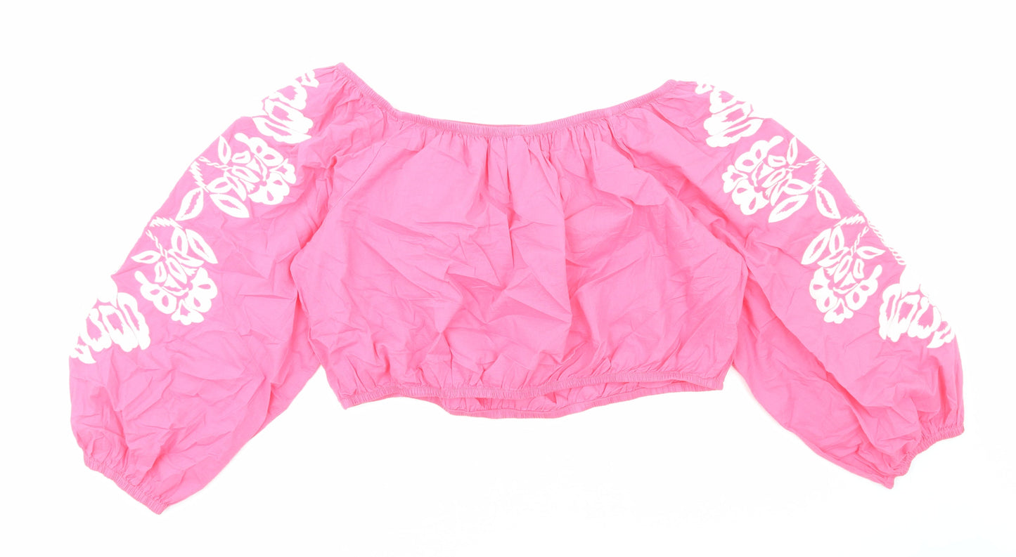 Marks and Spencer Womens Pink Cotton Cropped Blouse Size 20 Boat Neck - Flower Detail