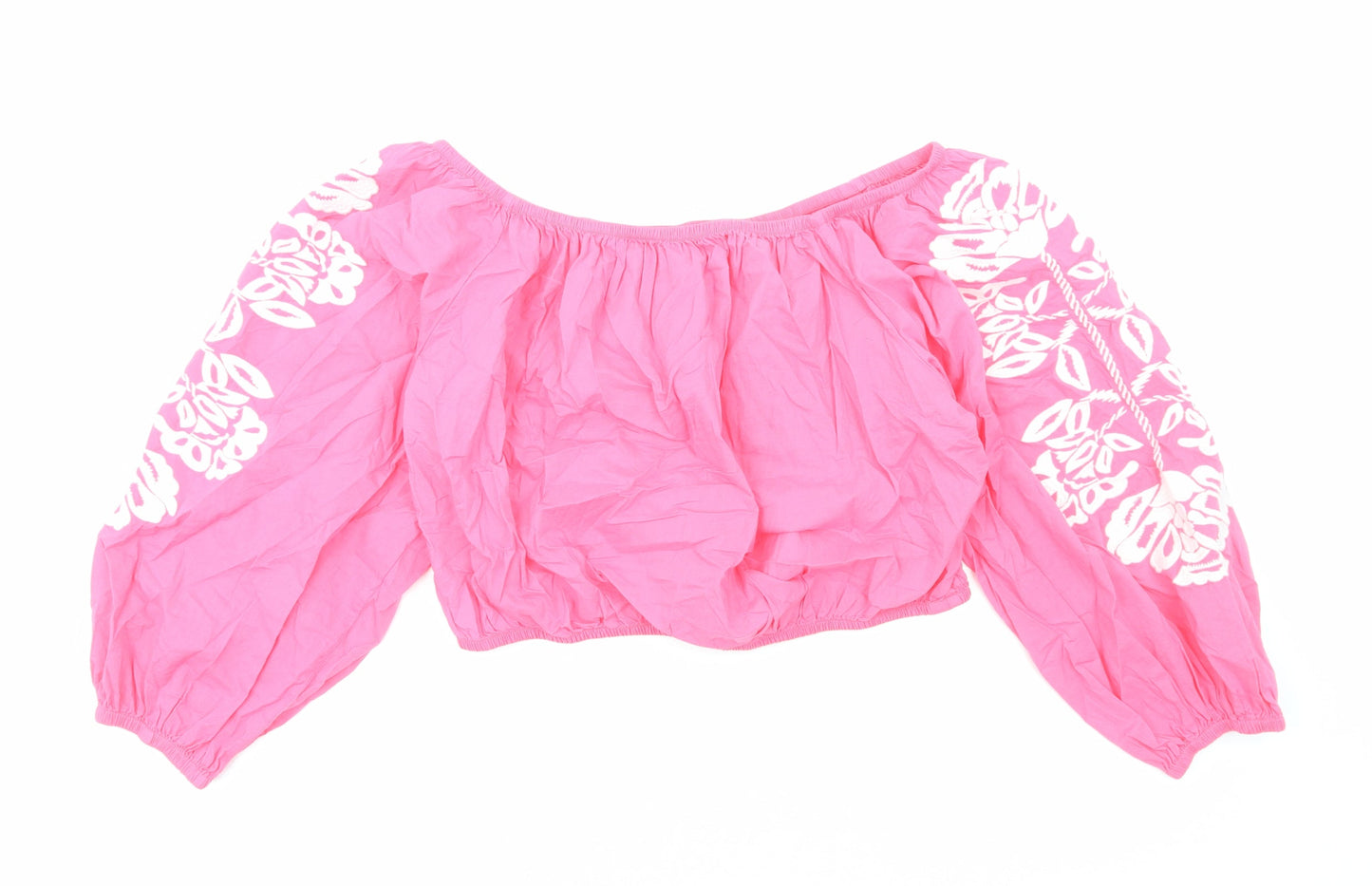 Marks and Spencer Womens Pink Cotton Cropped Blouse Size 18 Boat Neck - Flower Detail