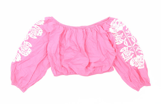 Marks and Spencer Womens Pink Cotton Cropped Blouse Size 18 Boat Neck - Flower Detail