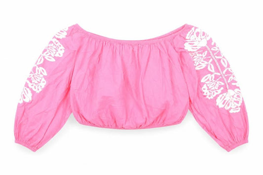Marks and Spencer Womens Pink Cotton Cropped Blouse Size 18 Boat Neck - Flower Detail