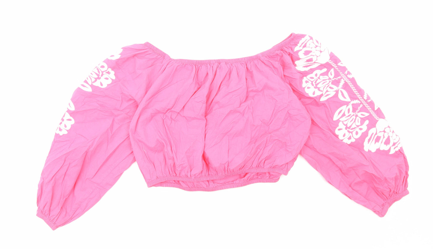 Marks and Spencer Womens Pink Cotton Cropped Blouse Size 18 Boat Neck - Flower Detail