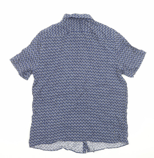 Marks and Spencer Mens Blue Geometric Viscose Button-Up Size XL Collared Button