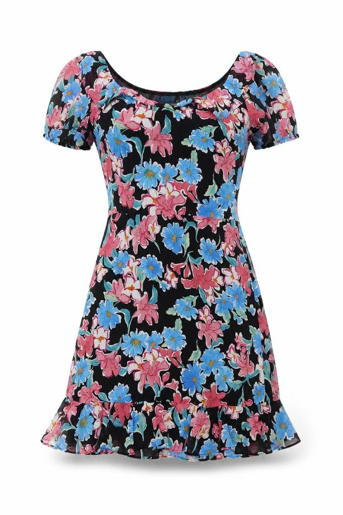 Trafaluc Womens Black Floral Polyester Mini Size 6 Boat Neck Zip