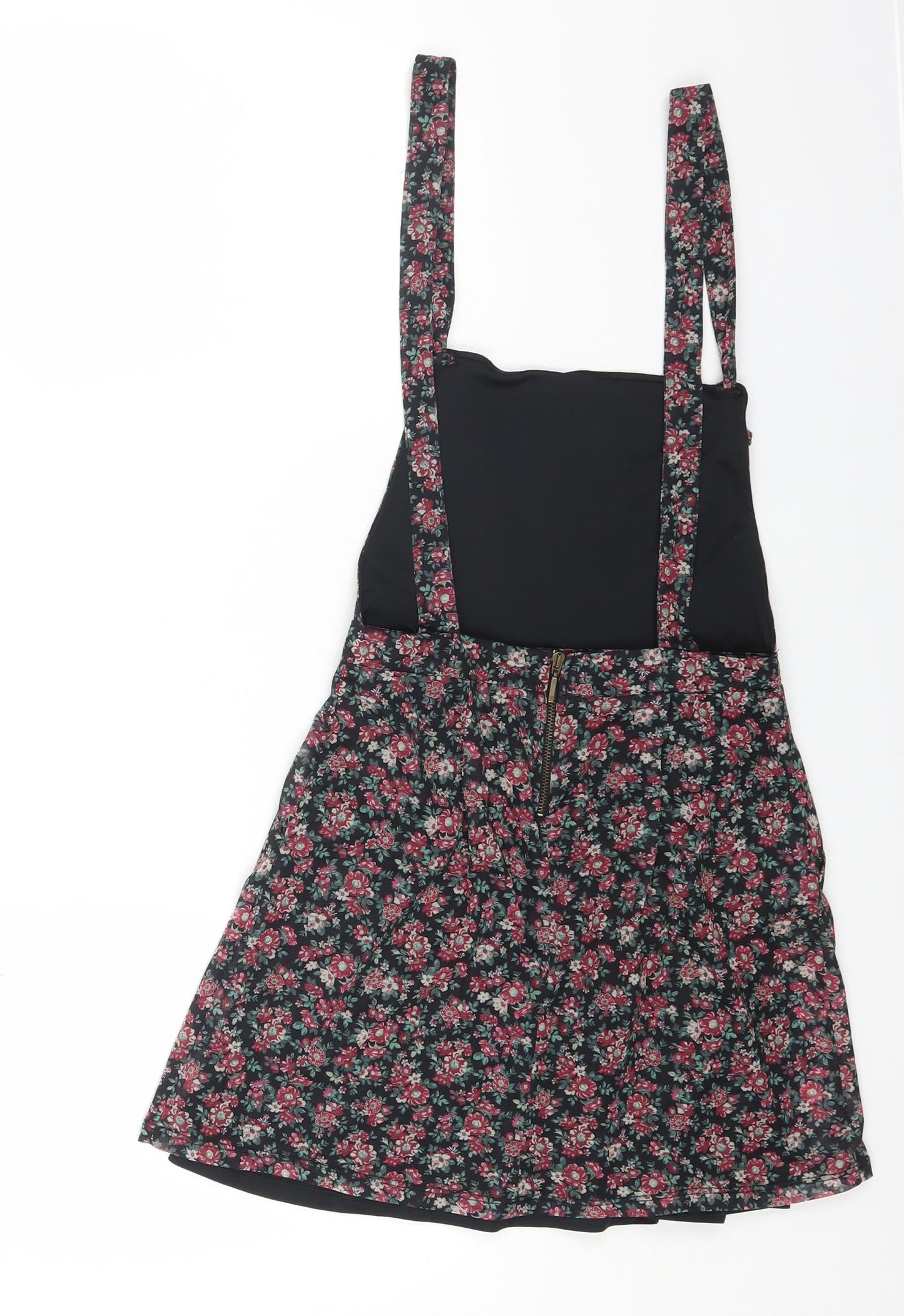 Bershka Womens Black Floral Polyester Pinafore/Dungaree Dress Size XS Scoop Neck Zip