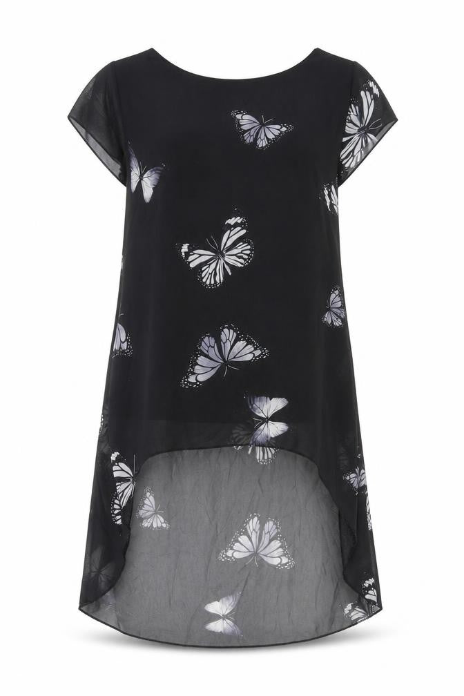 FUNKY FIT Womens Black Geometric Polyester Shift Size S Boat Neck Pullover - Butterfly Print