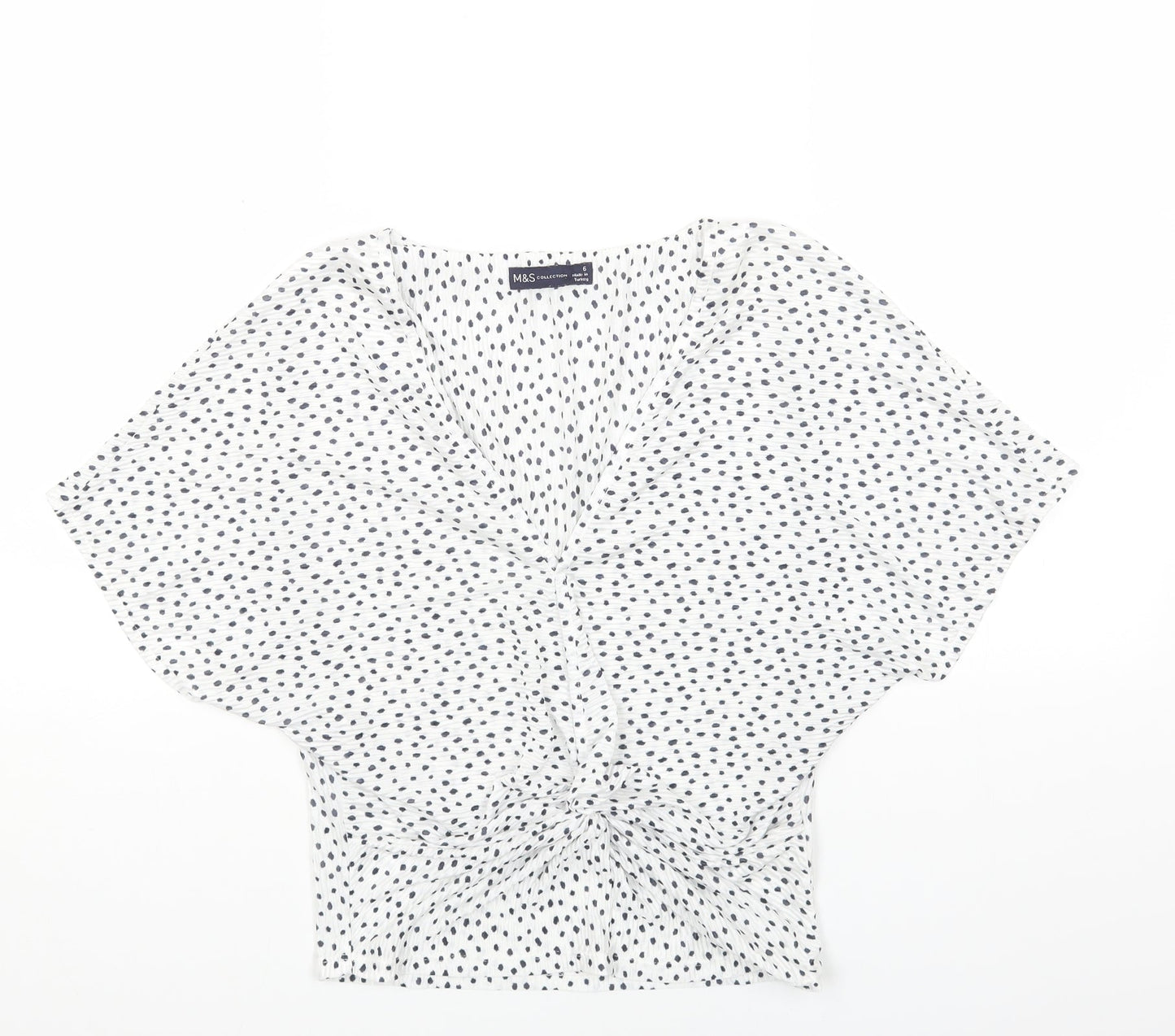 Marks and Spencer Womens White Geometric Polyester Basic Blouse Size 6 V-Neck - Knot Front