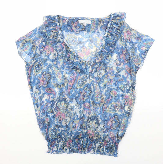 Red Herring Womens Blue Geometric Polyester Basic Blouse Size 12 V-Neck - Shirred waistline