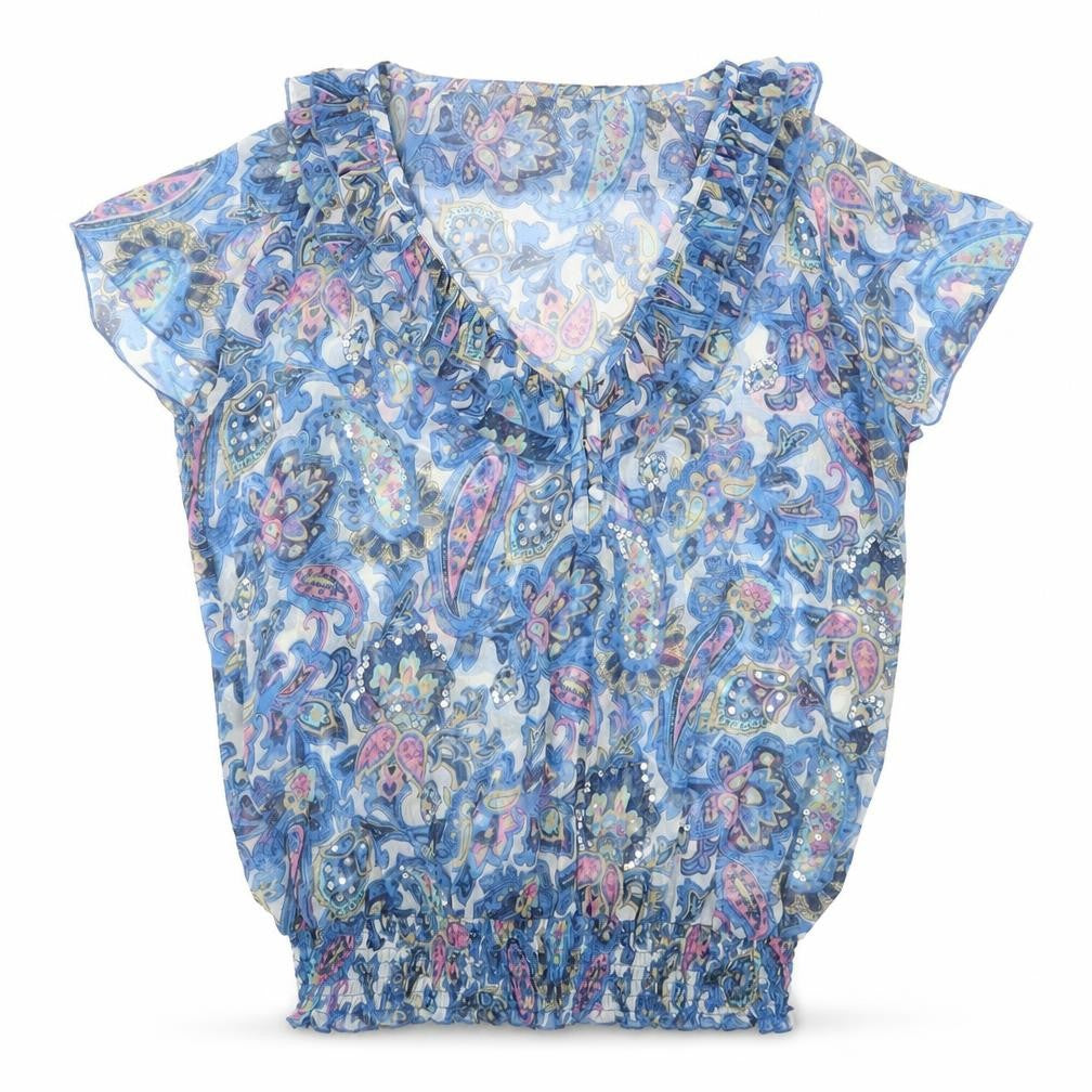 Red Herring Womens Blue Geometric Polyester Basic Blouse Size 12 V-Neck - Shirred waistline