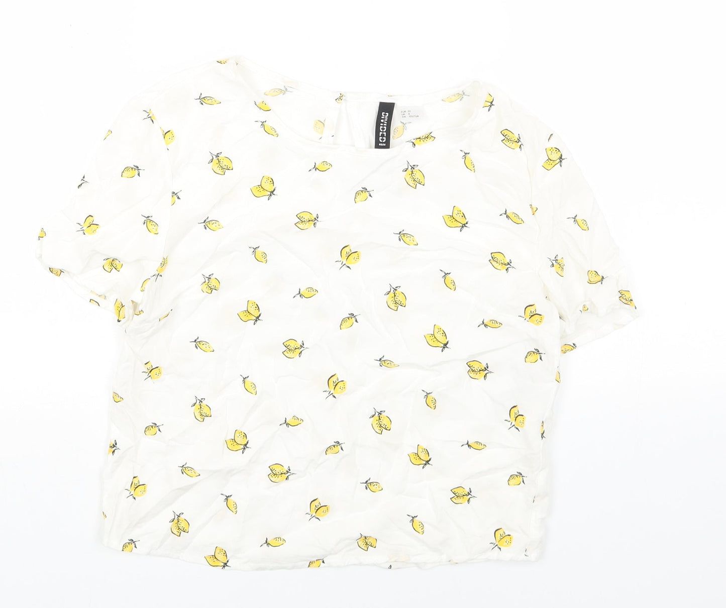 H&M Womens White Geometric Viscose Basic T-Shirt Size 4 Round Neck