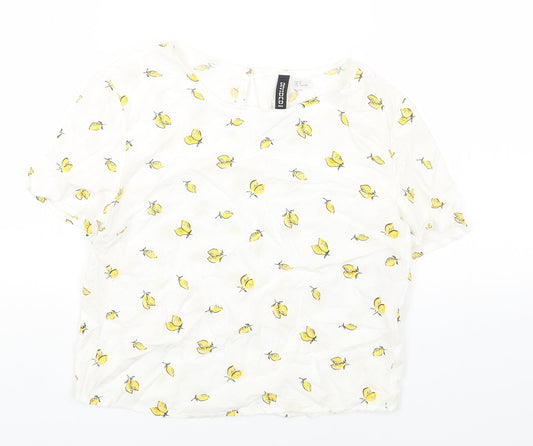 H&M Womens White Geometric Viscose Basic T-Shirt Size 4 Round Neck