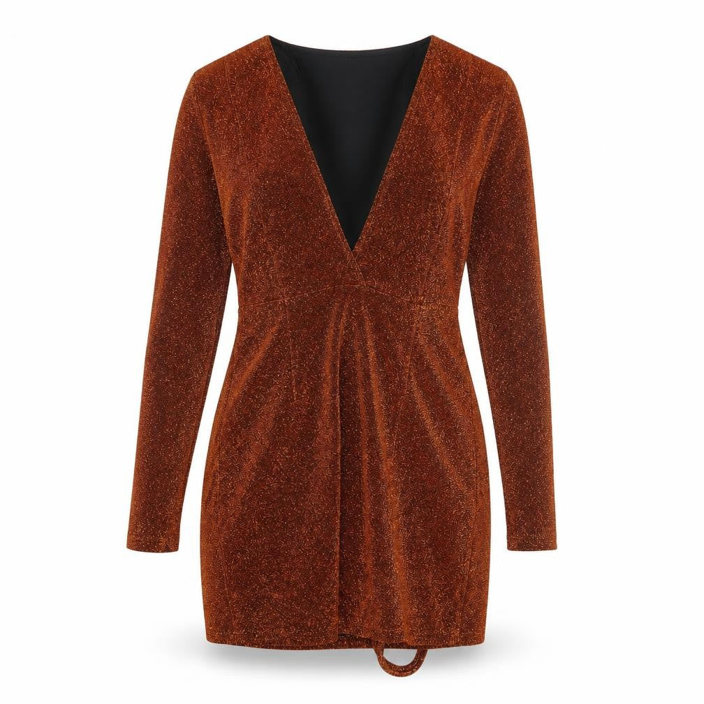 Misspap Womens Brown Polyester Bodycon Size 6 V-Neck Pullover