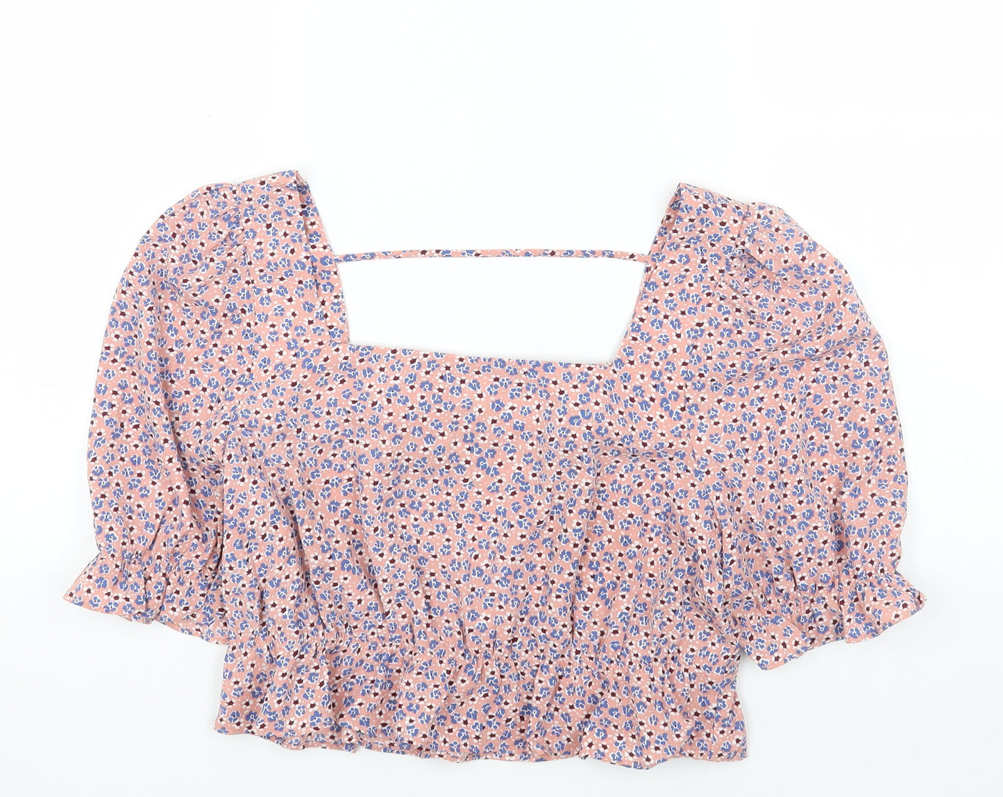 Pieces Womens Pink Floral Polyester Cropped Blouse Size L Square Neck