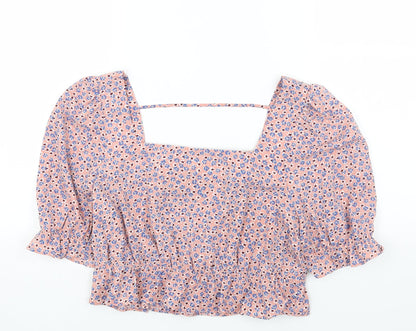 Pieces Womens Pink Floral Polyester Cropped Blouse Size L Square Neck