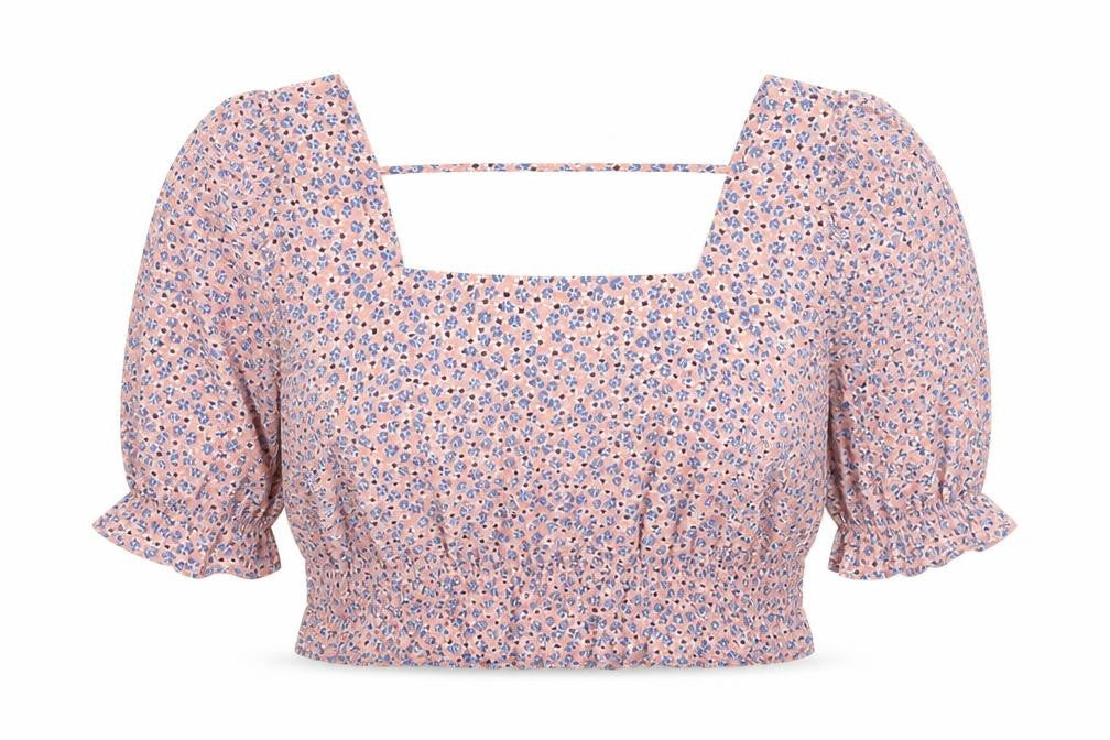 Pieces Womens Pink Floral Polyester Cropped Blouse Size L Square Neck