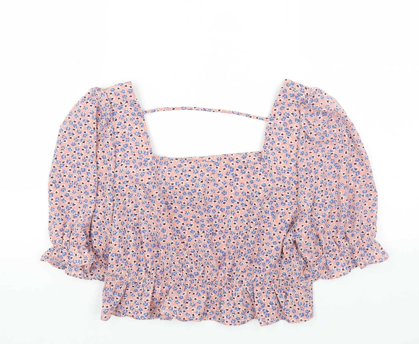 Pieces Womens Pink Floral Polyester Cropped Blouse Size L Square Neck