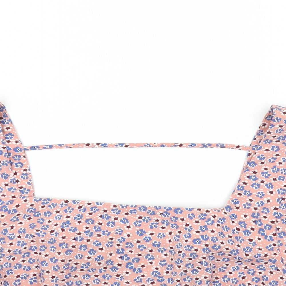 Pieces Womens Pink Floral Polyester Cropped Blouse Size L Square Neck