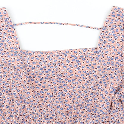 Pieces Womens Pink Floral Polyester Cropped Blouse Size L Square Neck
