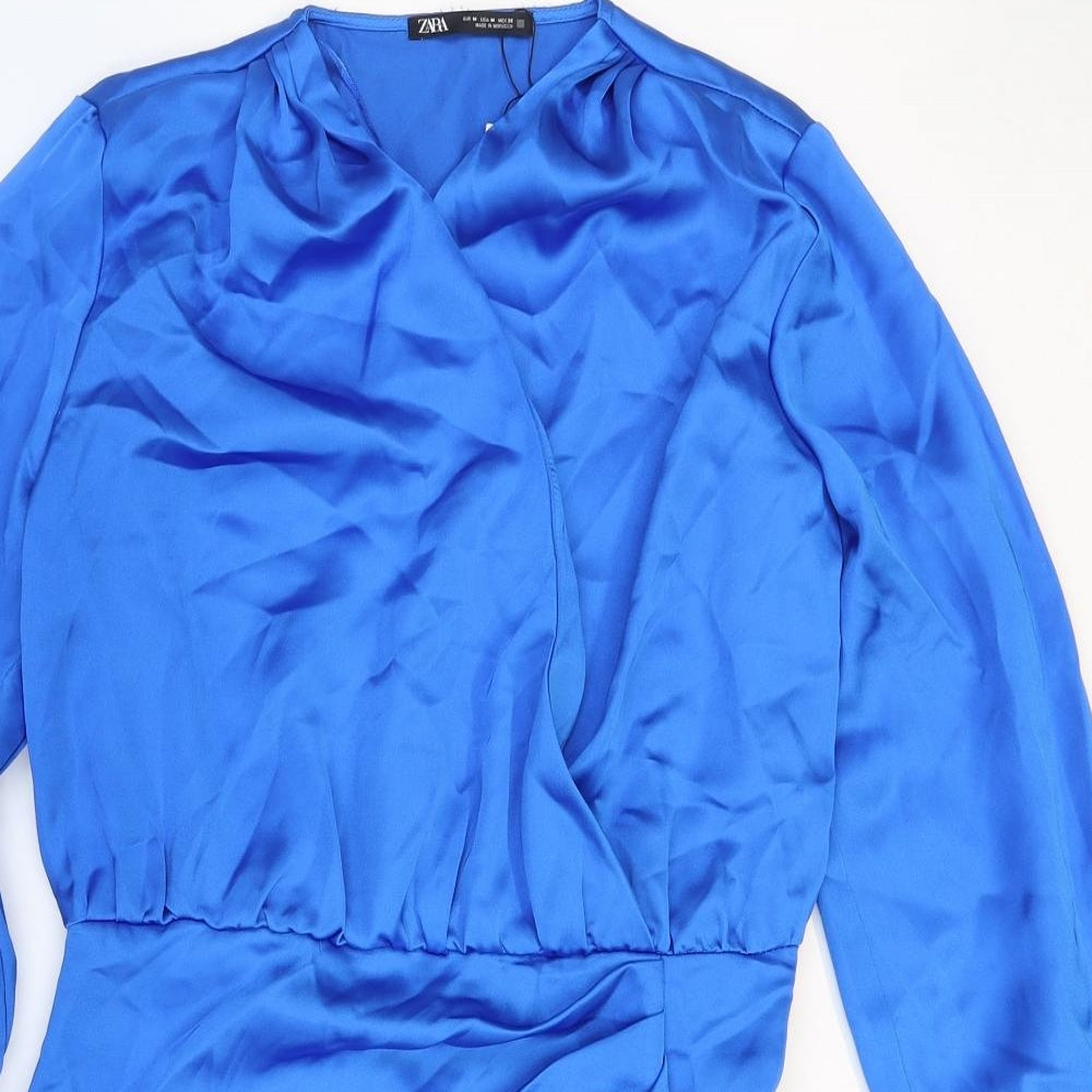 Zara Womens Blue Polyester Shirt Dress Size M V-Neck Zip