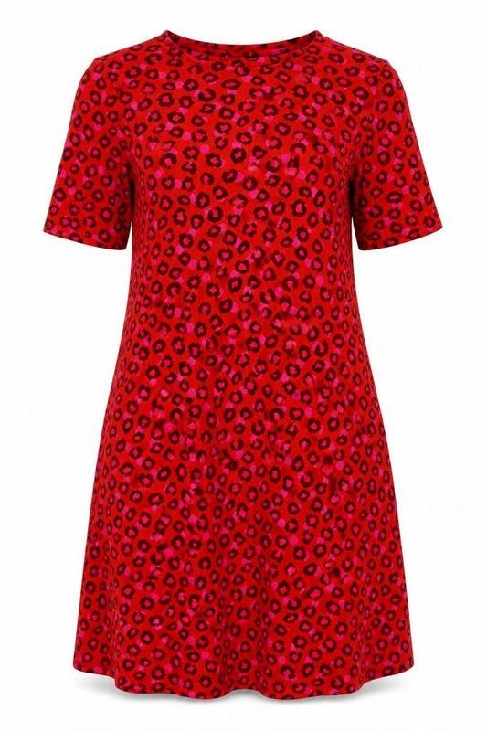 Next Womens Red Animal Print Viscose Shirt Dress Size 10 Boat Neck