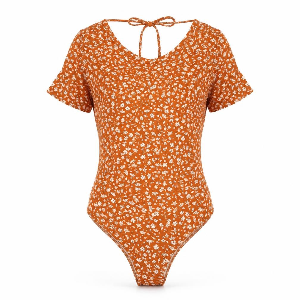 SheIn Womens Orange Floral Polyester Bodysuit One-Piece Size 8 Snap