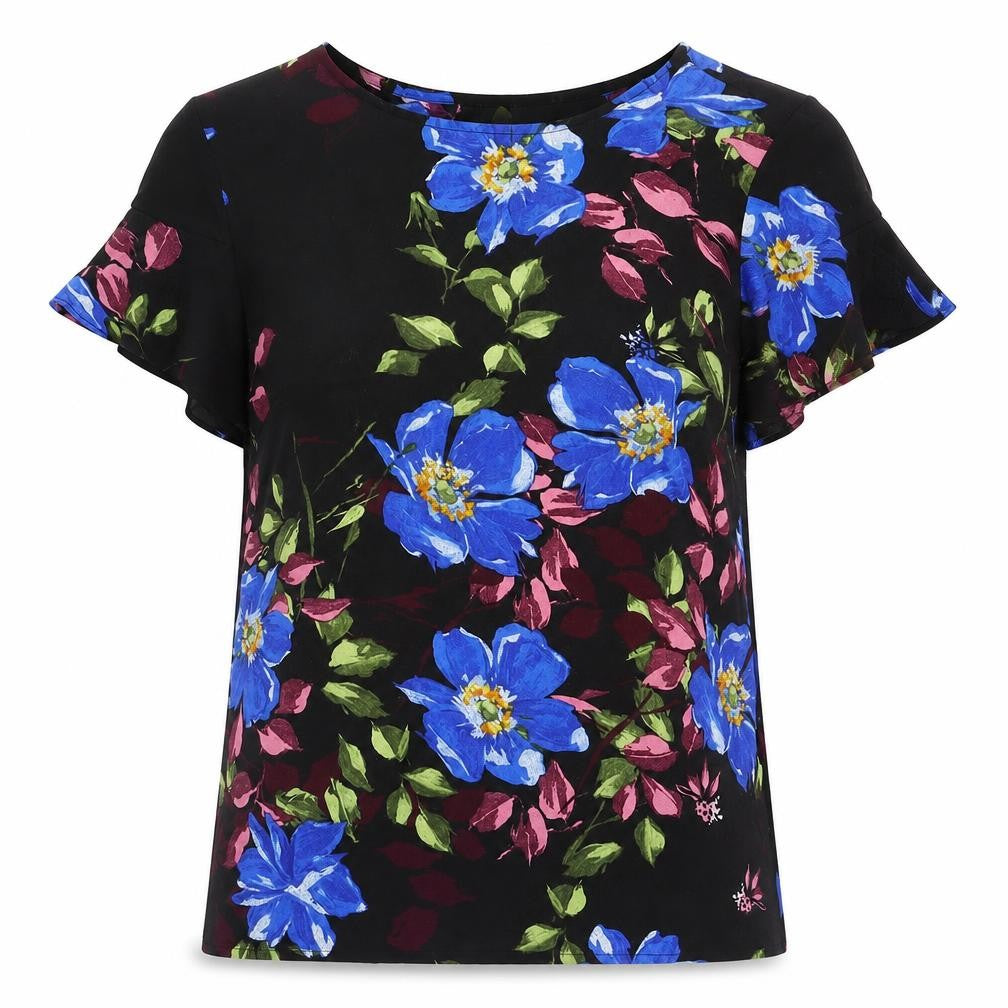 VILA Womens Black Floral Polyester Basic T-Shirt Size 36 Round Neck